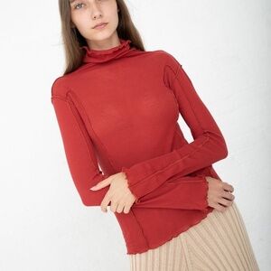 Baserange Omato Cotton Rib Semi Sheer Cherry Red Turtleneck Long Sleeve Medium